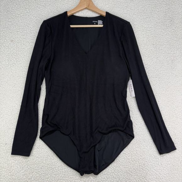 NWT Soma Black Ribbed Bodysuit Size XL Long Sleeve V Neck Built In Bra Capsule - Picture 1 of 5